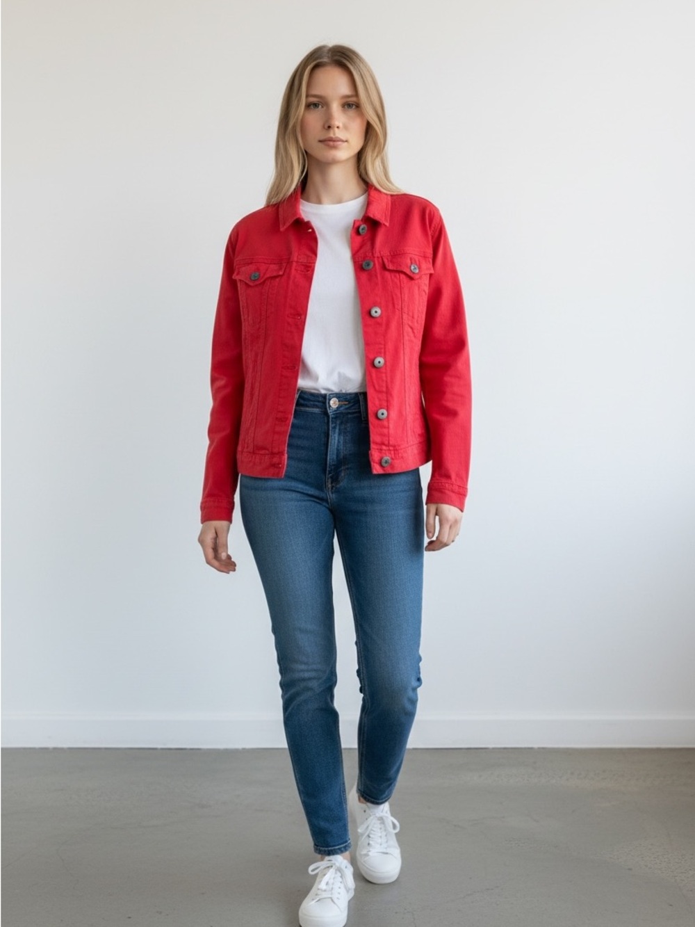 Style & Co Red Denim Jacket Women’s PM Petite Medium Button Front